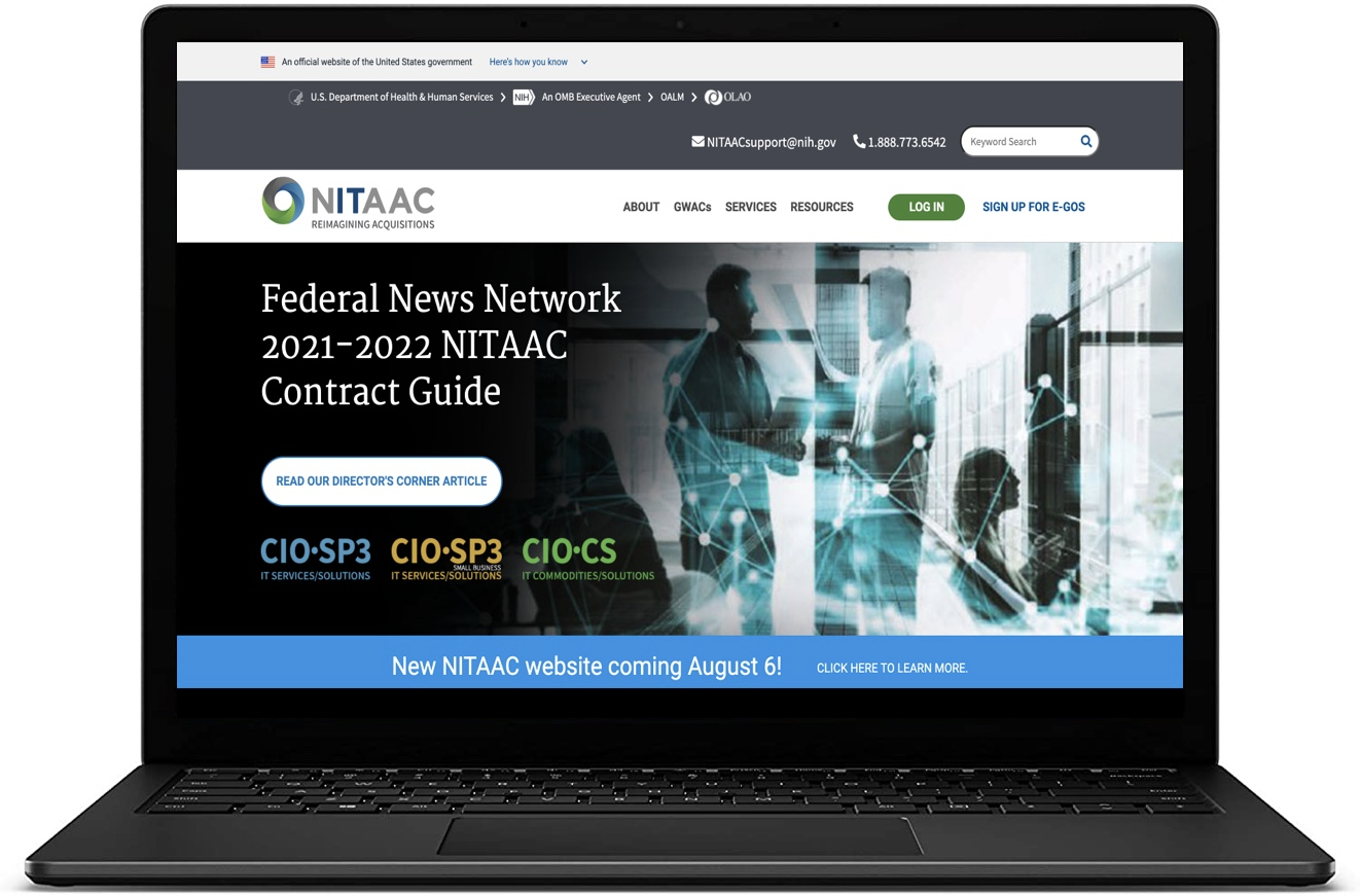 Black laptop showing the newly released NITAAC website in a browser.